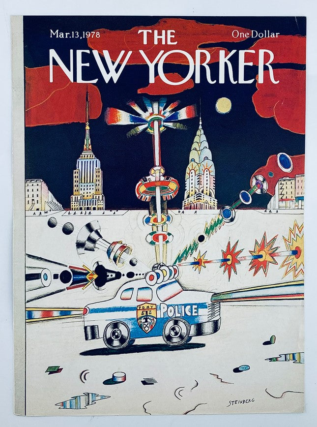 The New Yorker Cover from March 13, 1978, illustrated by Saul Steinberg, showcasing a police car with colorful background elements highlighting urban life.