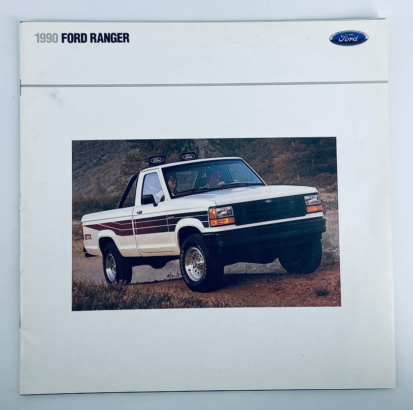 Cover image of the 1990 Ford Ranger Lineup Dealer Showroom Sales Brochure Guide Catalog featuring a white and red 1990 Ford Ranger truck on a dirt road.