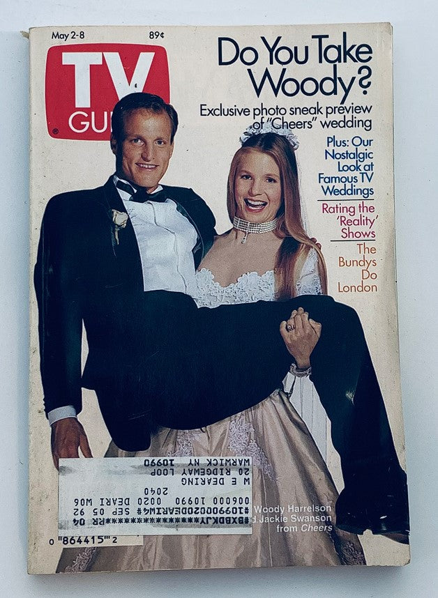 TV Guide Magazine May 2 1992 featuring Woody Harrelson and Jackie Swanson in wedding attire, highlighting the exclusive photo sneak preview of the 'Cheers' wedding.