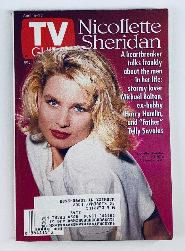 Cover of TV Guide Magazine from April 16-22, 1994 featuring Nicollette Sheridan, showcasing her captivating look and highlighting her as a television icon. The cover includes a headline about her relationships and a promotional image for her role in 'A Time to Heal'.