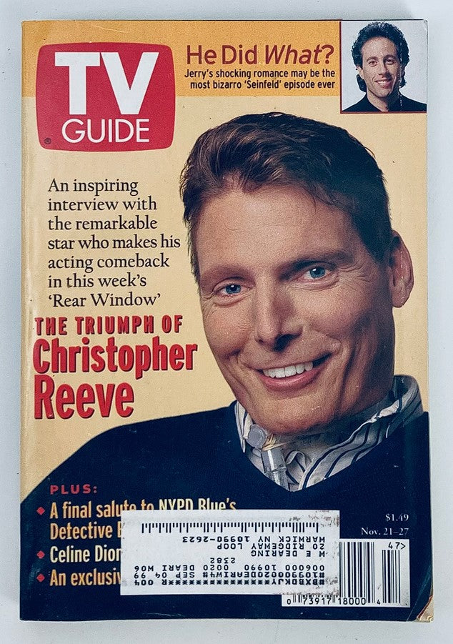 TV Guide Magazine November 21, 1998 featuring Christopher Reeve on the cover, promoting an interview about his acting comeback in 'Rear Window,' along with a sidebar featuring Jerry Seinfeld.
