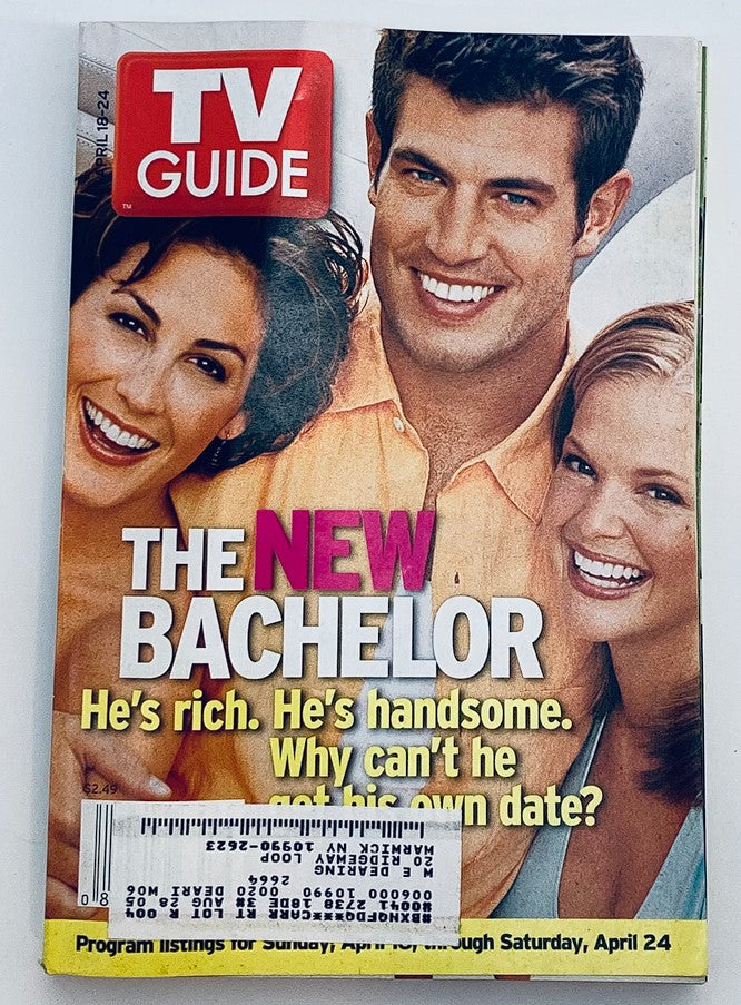 TV Guide Magazine April 18 2004 featuring Jessie Palmer, Suzie, and Trish on the cover, highlighting 'The New Bachelor' with a promotional tagline discussing wealth and charm. A vintage collectible that captures early 2000s television culture.