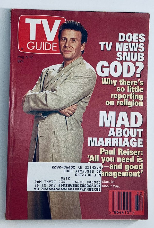 Cover of TV Guide Magazine August 6 1994 featuring Paul Reiser with the title 'Mad About Marriage'. The magazine includes articles about TV news and religion, emblematic of the 1990s television culture.