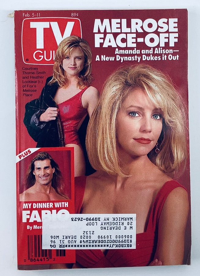 Cover of TV Guide Magazine from February 5, 1994, featuring Fabio, Heather Locklear, and Courtney Thorne-Smith with the headline 'Melrose Face-Off' highlighting TV shows from the '90s.