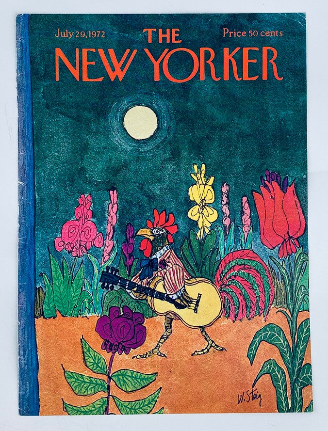 The New Yorker magazine cover from July 28, 1972, showcasing a creative Rooster Guitar Player illustration by William Steig with vibrant floral elements.