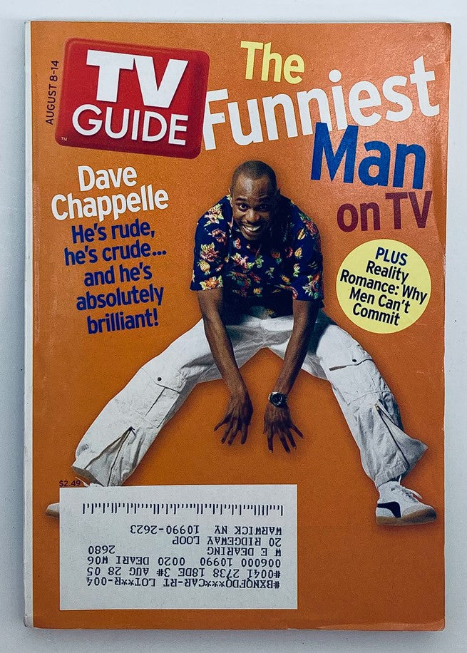 TV Guide Magazine cover featuring Dave Chappelle as the Funniest Man on TV, August 8, 2004 edition. The colorful cover highlights Chappelle's comedic persona with his signature playful pose and a description of his humor.