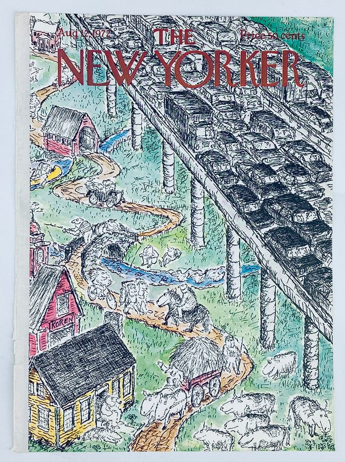 The New Yorker August 12 1972 Traffic Jam by Edward Koren, depicting a vibrant illustration of a chaotic traffic situation above, with farm life depicted below, designed for art collectors and vintage magazine enthusiasts.