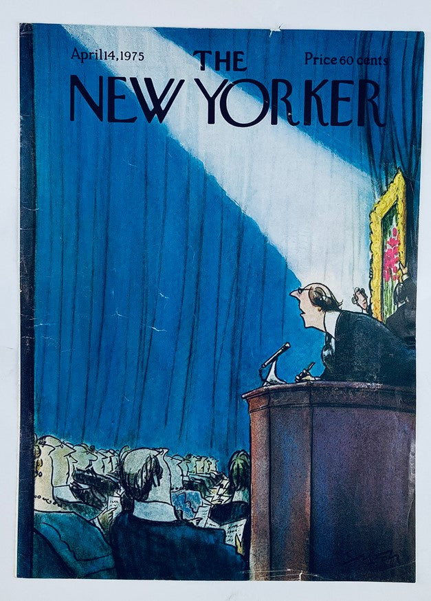 Cover of The New Yorker, April 14, 1975 titled 'The Speech' by Charles Saxon, showcasing a dramatic scene of a speaker addressing an audience under a spotlight.