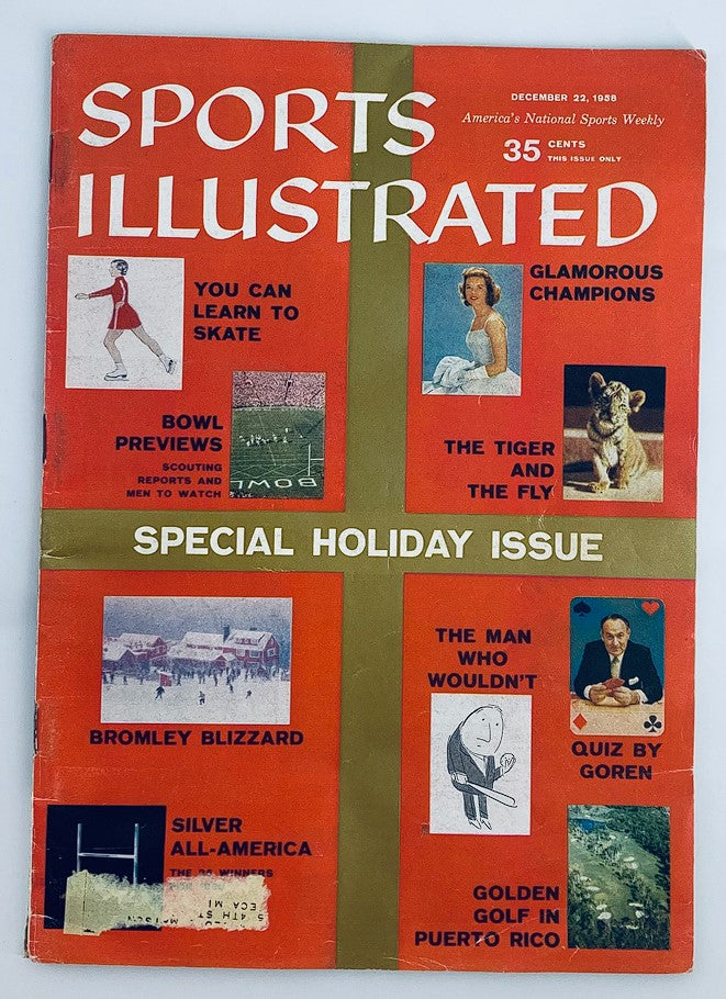 VTG Sports Illustrated Magazine cover from December 22, 1958 featuring the title 'The Tiger and The Fly', showcasing various sports topics and holiday special issue highlights, including articles on skating, glamorous champions, bowl previews, and more.
