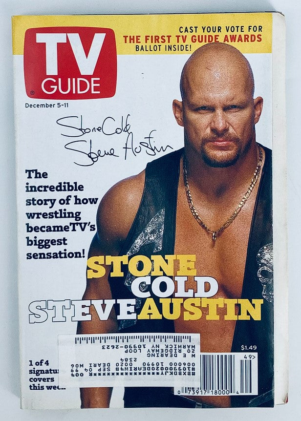 TV Guide Magazine cover from December 5, 1998, featuring Stone Cold Steve Austin. The magazine highlights the story of how wrestling became a television sensation, showcasing Austin's iconic status in the sport.