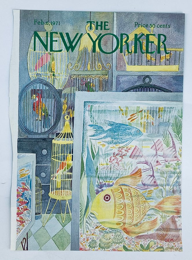 COVER ONLY The New Yorker February 6 1971 Pet Shop cover art by Charles E. Martin showcasing vibrant illustrations of birds in cages and aquarium fish.