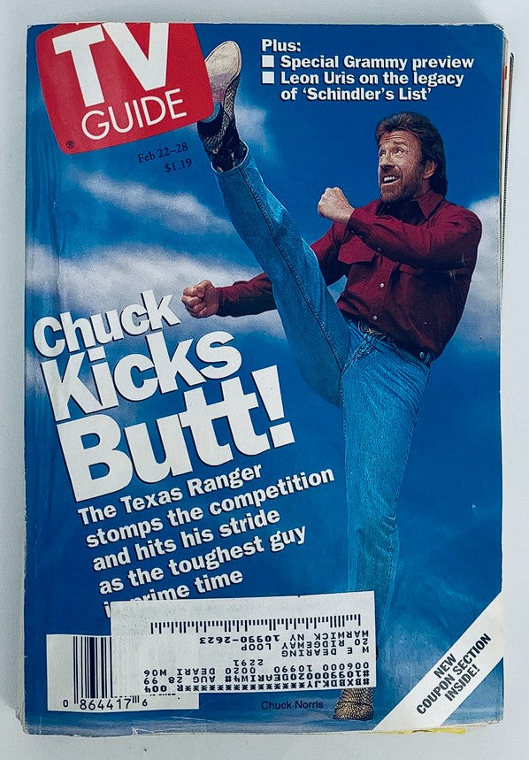 TV Guide Magazine from February 22, 1997, featuring Chuck Norris on the cover with the headline 'Chuck Kicks Butt!' This vintage collectible highlights Norris's action-packed persona, making it a must-have for fans of 90s television and action cinema.