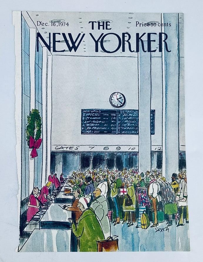 COVER ONLY The New Yorker December 16 1974 Delayed Flights by Charles Saxon showcasing a crowded airport scene with customers at check-in counters and a prominent clock.
