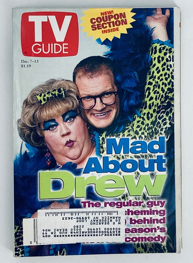 TV Guide Magazine cover from December 7, 1996, featuring Drew Carey and Kathy Kinney, titled 'Mad About Drew.' The vibrant design features colorful costumes and playful expressions, highlighting the comedic essence of the 90s sitcom era.