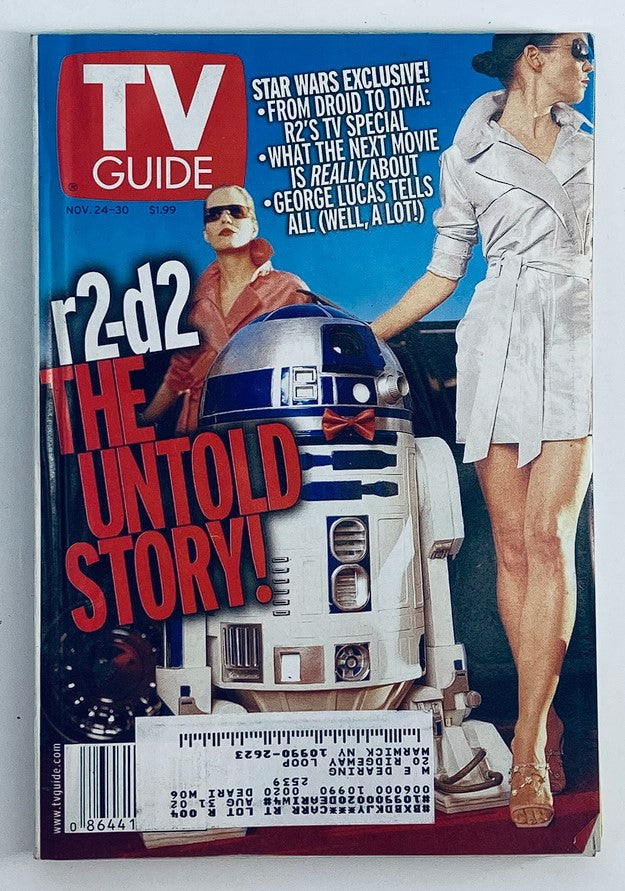Cover of TV Guide Magazine dated November 24, 2001, featuring R2-D2 in an exclusive story titled 'The Untold Story'. The magazine showcases elements of Star Wars culture with striking visuals, appealing to collectors and fans.