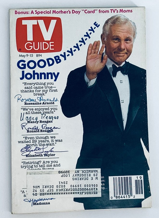 TV Guide Magazine from May 9, 1992, featuring a nostalgic tribute to Johnny Carson. The cover showcases Carson waving goodbye, capturing a moment in television history.