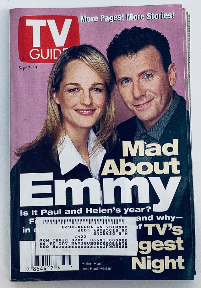 TV Guide Magazine September 7, 1996 cover featuring Helen Hunt and Paul Reiser, highlighting the show 'Mad About You' with the tagline 'Mad About Emmy'. This vintage issue captures a pivotal moment in television history, showcasing notable stars.