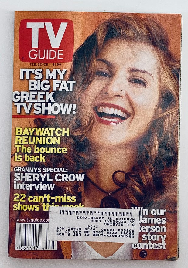 TV Guide Magazine February 22 2003 featuring Nia Vardalos on the cover, highlighting the Baywatch reunion and Sheryl Crow interview, showcasing vintage pop culture.