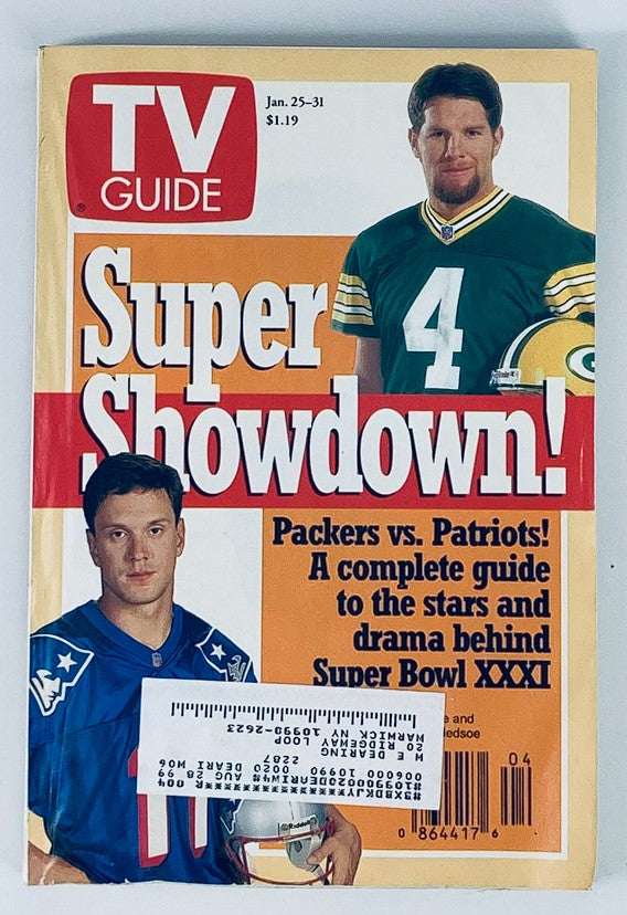 Cover of TV Guide Magazine dated January 25-31, 1997, featuring Drew Bledsoe and Brett Favre showcasing 'Super Showdown!' for Super Bowl XXXI between the Packers and Patriots.
