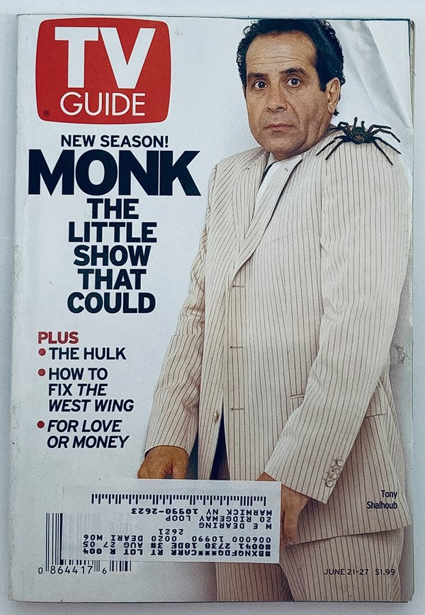 Cover of TV Guide Magazine from June 21, 2003 featuring Tony Shalhoub as Monk, highlighting the show's cultural impact and vintage television history.