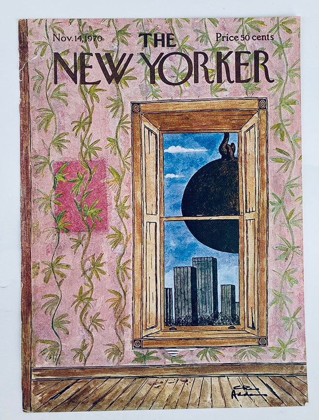Cover of The New Yorker November 14, 1970 Wrecking Ball by Chas Addams, showcasing a scenic view through a window with a wrecking ball and buildings.