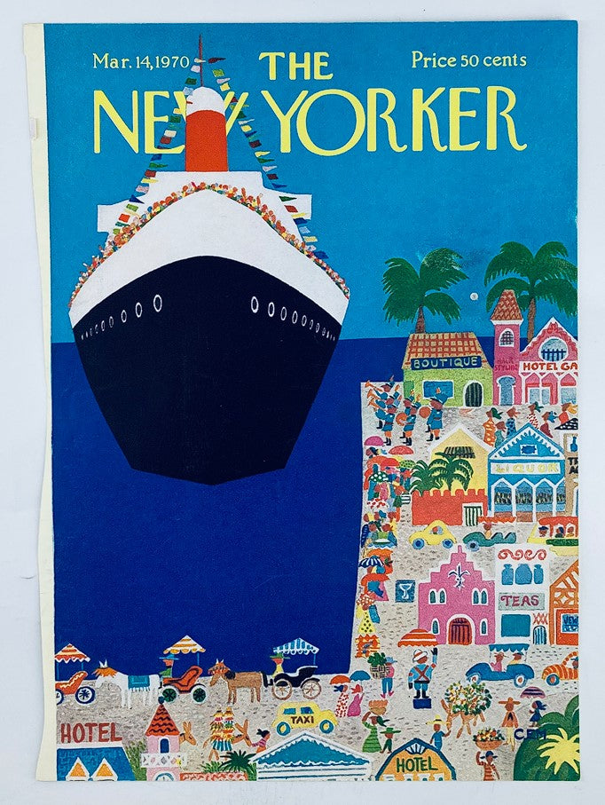 The New Yorker magazine cover from March 14, 1970, featuring the artwork 'Cruise Ship' by Charles E. Martin, depicting a striking cruise ship and a lively, colorful shoreline with shops and festive crowds.