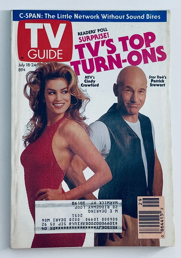 Cover of TV Guide Magazine July 18 1992 featuring Cindy Crawford and Patrick Stewart, highlighting 'TV's Top Turn-Ons'. The iconic issue showcases celebrities from the early 90s and captures the television landscape of that era.
