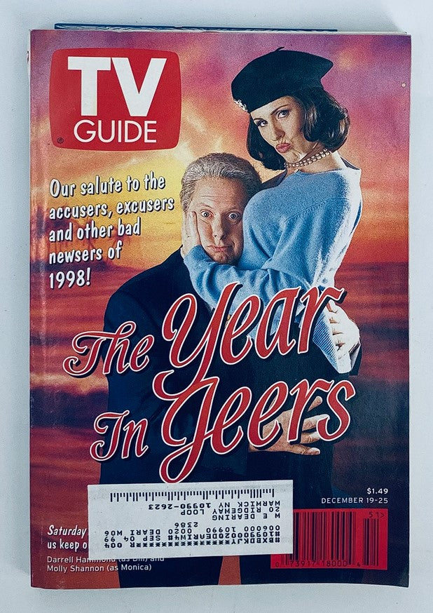 Cover of TV Guide Magazine December 19, 1998 featuring Darrell Hammond and Molly Shannon. The cover highlights an article titled 'The Year In Jeers', showcasing a blend of humor and nostalgia from the late '90s.