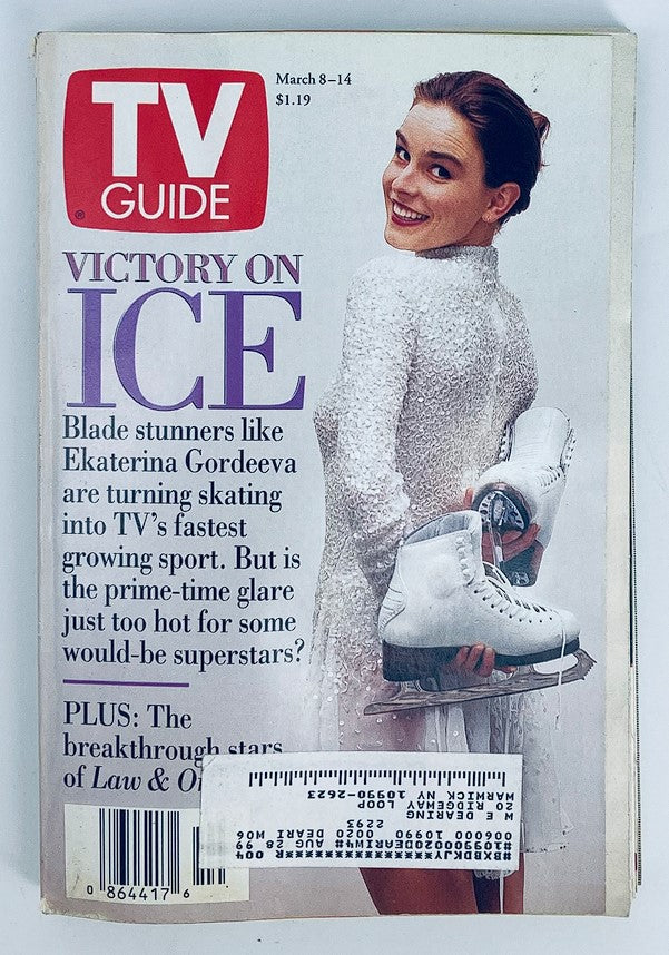 TV Guide Magazine March 8 1997 cover featuring Ekaterina Gordeeva showcasing her victory on ice, dressed in a sparkling outfit and holding ice skates, reflecting 90s pop culture.