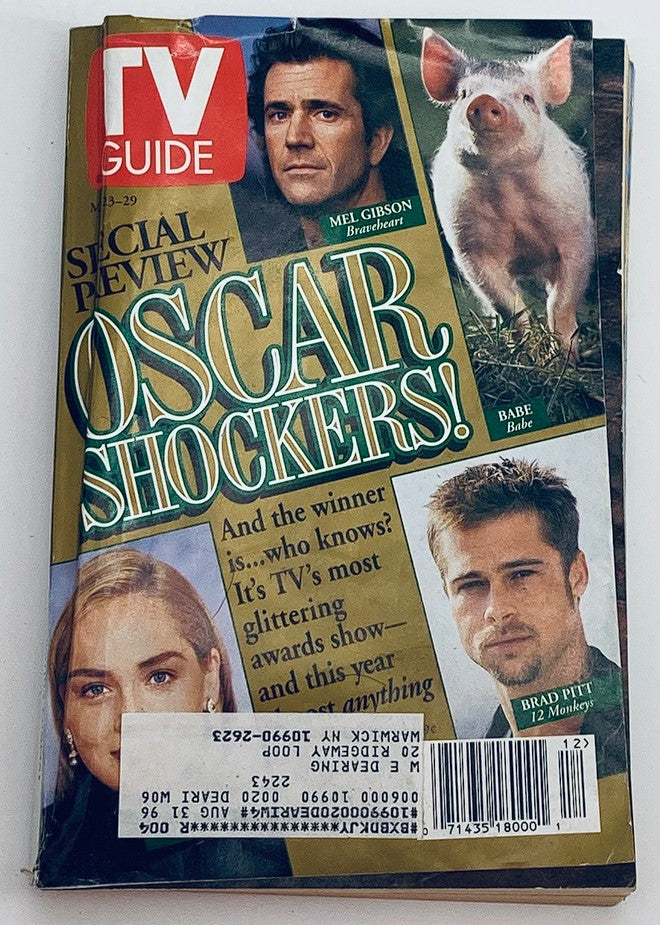 TV Guide Magazine March 23 1996 featuring Mel Gibson, Brad Pitt, and Sharon Stone on the cover, highlighting Oscar predictions and popular films of the 1990s.