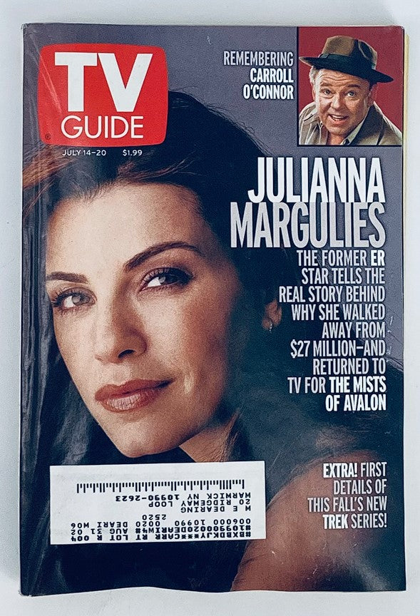 Cover of TV Guide Magazine from July 14-20, 2001, featuring Julianna Margulies, known for her role in Mists of Avalon, showcasing her captivating presence with the headline detailing her return to television.