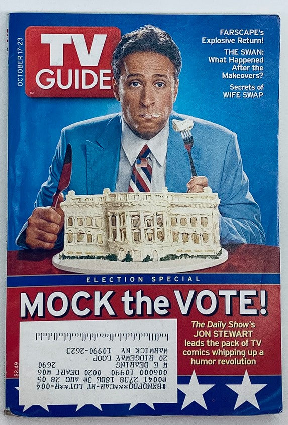 Cover of TV Guide Magazine from October 17, 2004, featuring Jon Stewart in a blue suit, promoting political satire with the tagline 'Mock The Vote!'. This NY Metro Edition captures the essence of election humor during a pivotal political moment.