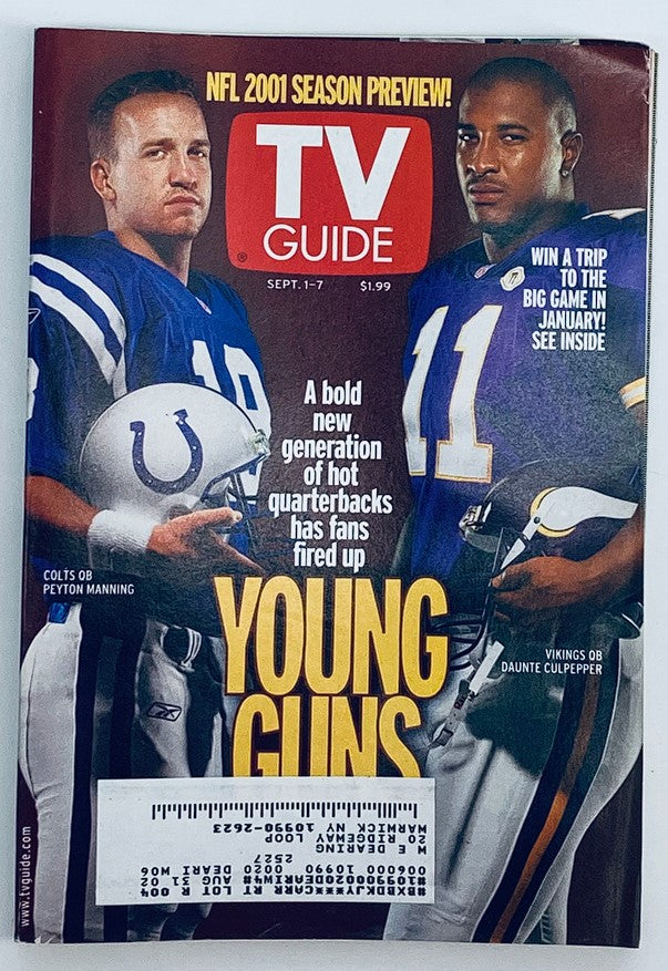 TV Guide Magazine cover dated September 1, 2001 featuring NFL quarterbacks Peyton Manning and Daunte Culpepper, highlighting the rising stars of the NFL season.