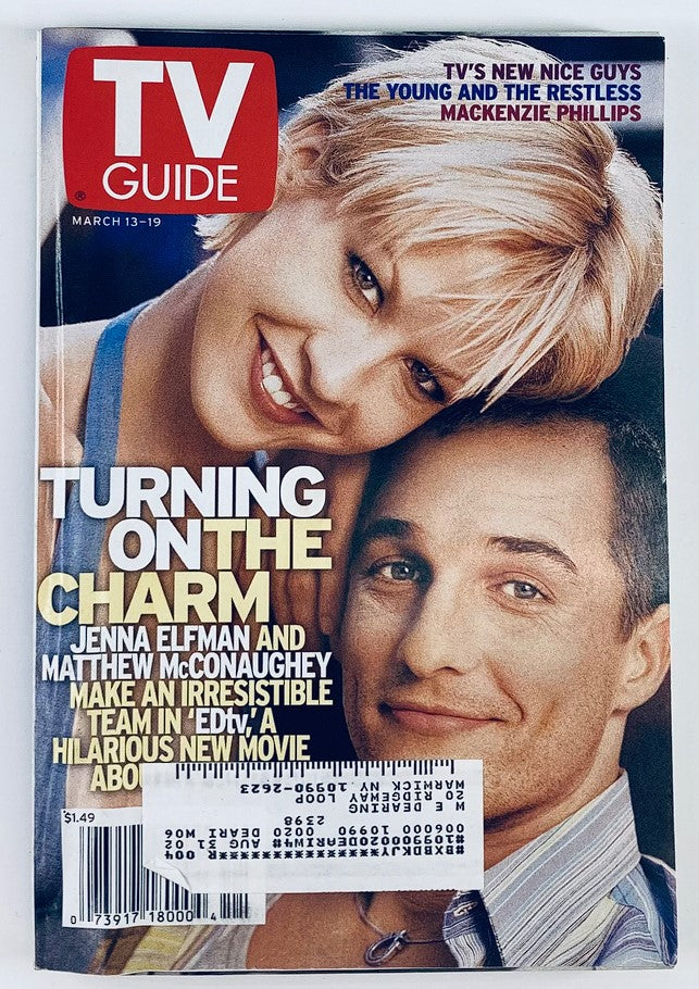 Cover of TV Guide Magazine March 13, 1999 featuring Jenna Elfman and Matthew McConaughey, highlighting their charm and upcoming movie 'Edtv'.