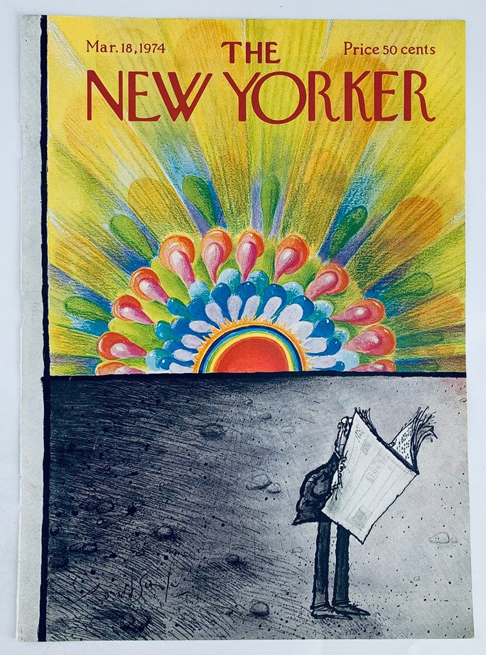 Cover of The New Yorker March 18, 1974, titled 'Sunrise' by Ronald Searle, showcasing unique art with a colorful sunrise design.