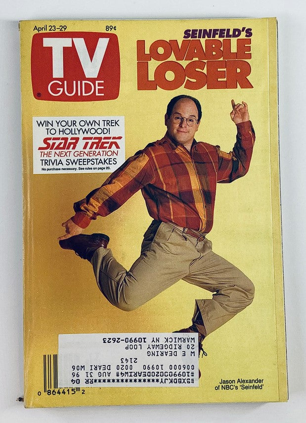 Cover of TV Guide Magazine April 23 1994 featuring Jason Alexander as George Costanza from NBC's Seinfeld, showcasing the headline 'Seinfeld's Lovable Loser' and a vibrant yellow background.