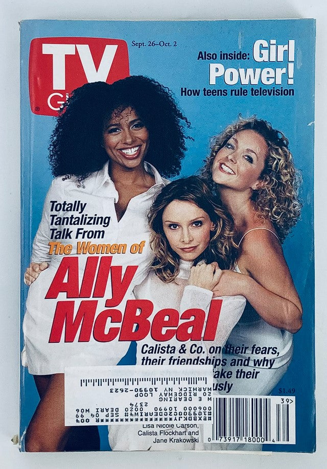 TV Guide Magazine from September 26, 1998, featuring prominent actresses Lisa Nicole Carson, Calista Flockhart, and Jane Krakowski on the cover. The magazine highlights the popular series 'Ally McBeal' and offers insights into the late 1990s television landscape.