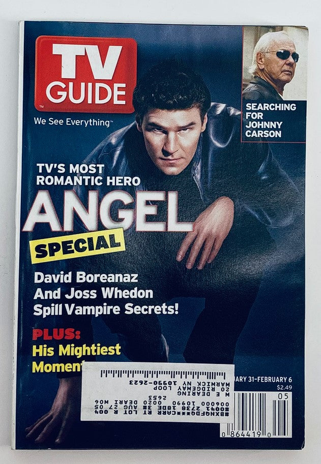 TV Guide Magazine cover from January 31, 2004, featuring David Boreanaz, the star of 'Angel', standing in a dramatic pose. The cover also highlights Johnny Carson with a mention of his contributions to television, indicative of the show's special focus on iconic entertainment figures.