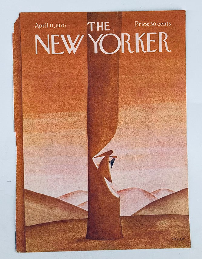 COVER ONLY The New Yorker April 11 1970 featuring a woodpecker illustration by Jean-Michel Folon, showcasing warm tones and abstract landscape elements.