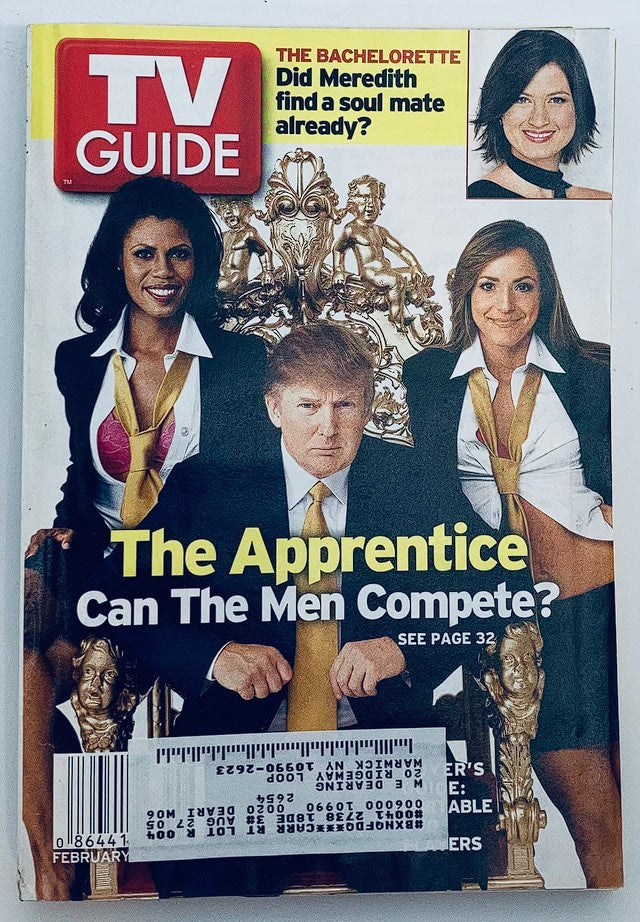 Cover of TV Guide Magazine February 7, 2004 featuring Donald Trump seated on a throne, flanked by Ereka Vetrini and another woman, promoting 'The Apprentice'. The issue highlights television trends and personalities of the early 2000s.