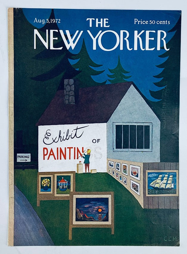 Cover of The New Yorker magazine dated August 5, 1972, illustrating an art exhibit outside a house with paintings framed and displayed, designed by Charles E. Martin.