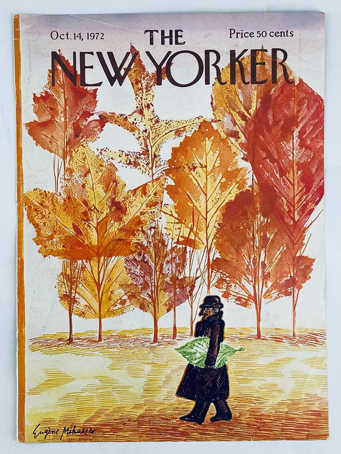 The New Yorker cover from October 14, 1972, illustrated by Eugene Mihaesco, featuring a figure walking with a green umbrella among autumn trees in shades of red and orange.