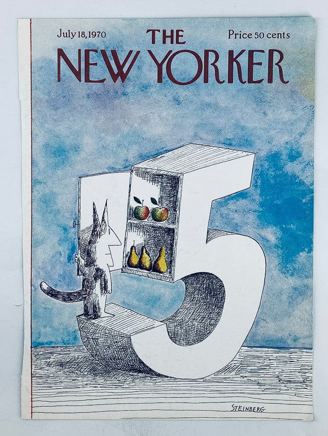 Cover of The New Yorker dated July 17, 1970, showcasing 'The 5 Fruits' by Saul Steinberg, with a whimsical cat and unique fruit shelf design.