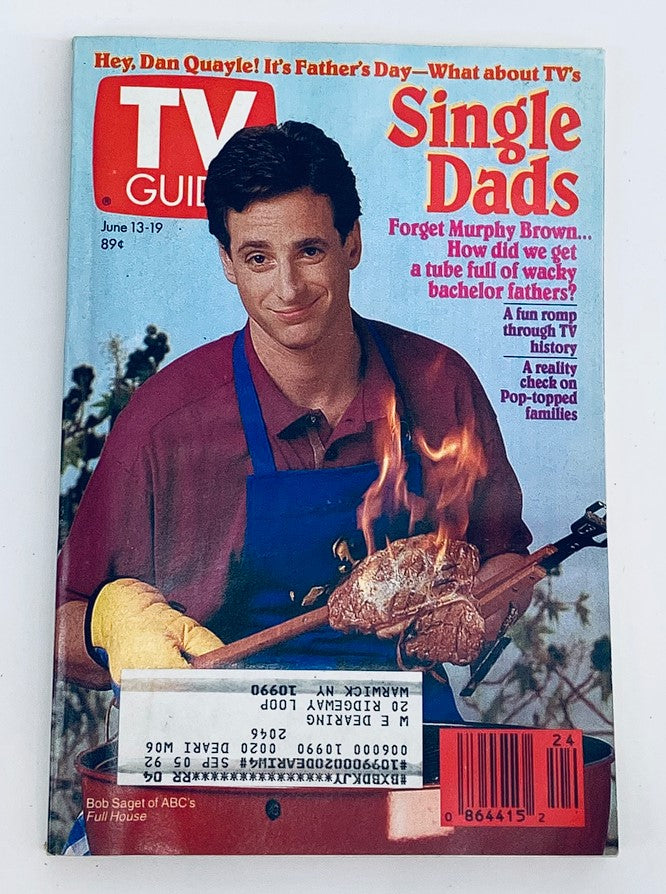 Cover of TV Guide Magazine dated June 13, 1992 featuring Bob Saget in an apron cooking outdoors. The cover highlights the television series 'Single Dads' and includes promotional text related to Father's Day and the show's themes.
