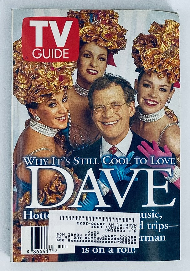 TV Guide Magazine cover from February 15, 1997, featuring David Letterman alongside performers, showcasing the theme 'Why It's Still Cool to Love Dave', capturing the essence of late 90s television.