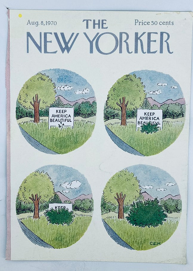 The New Yorker August 8, 1970 cover highlighting 'Keep America Beautiful' by Charles Martin, with a design of four round images depicting nature and signage.