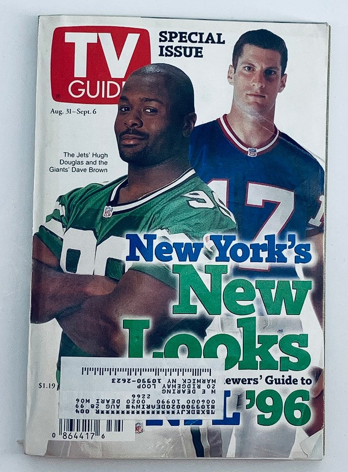 Cover of TV Guide Magazine August 31 1996 featuring Dave Brown and Hugh Douglas in football jerseys, highlighting New York's NFL team changes for the 1996 season.