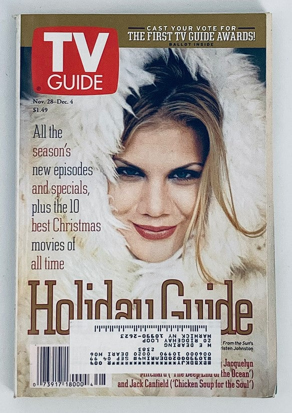 Cover of TV Guide Magazine November 28 1998 featuring a Holiday Guide, showcasing Kristen Johnson with a festive winter theme, ideal for collectors of vintage magazines and TV memorabilia.