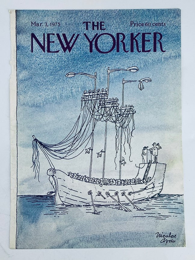 Vintage cover of The New Yorker from March 3, 1975, showcasing a creative ship illustration by Niculae Asciu with a light blue watercolor background.