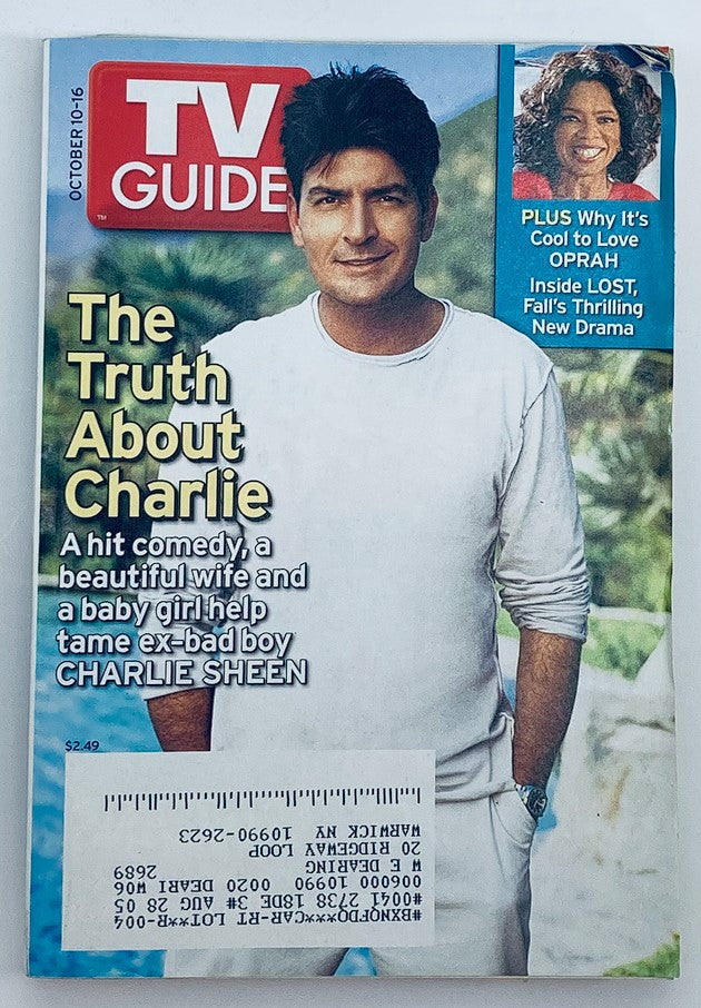 TV Guide Magazine cover from October 10, 2004 featuring Charlie Sheen, highlighting 'The Truth About Charlie' with insights into his hit show, and an appearance by Oprah Winfrey. A vintage piece of television history for collectors.
